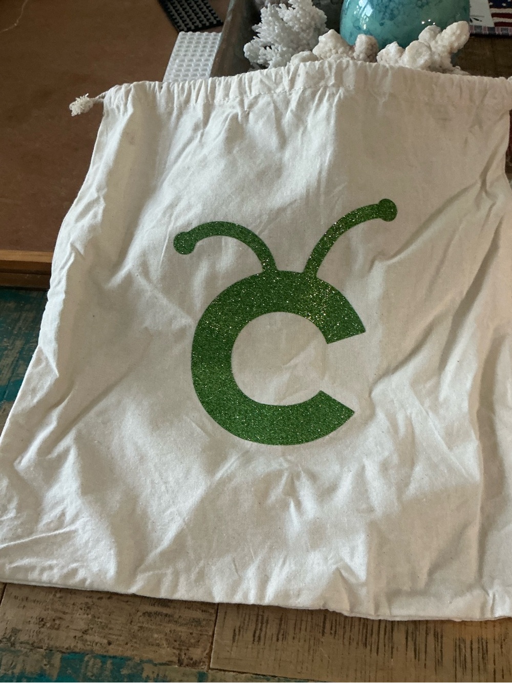 Cricut White Drawstring Bag with Green Glitter Accent